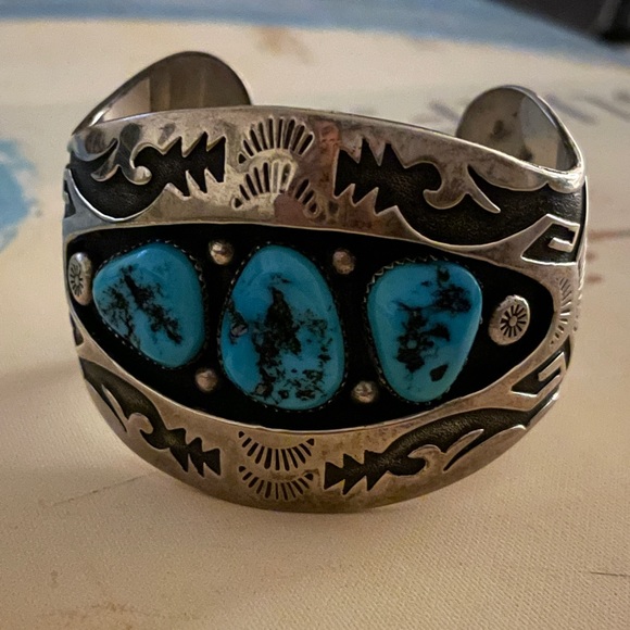 Vintage Navajo Sterling Turquoise Bangle by HSB -Artist Howard Begay